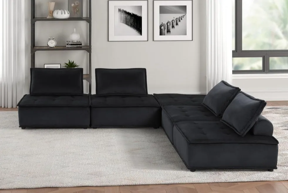 Villefranche-sur-Saône | Modular Modern Velvet Black 5 Pc Sectional Sofa