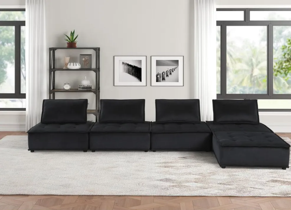 Villefranche-sur-Saône | Modular Modern Velvet Black 5 Pc Sectional Sofa