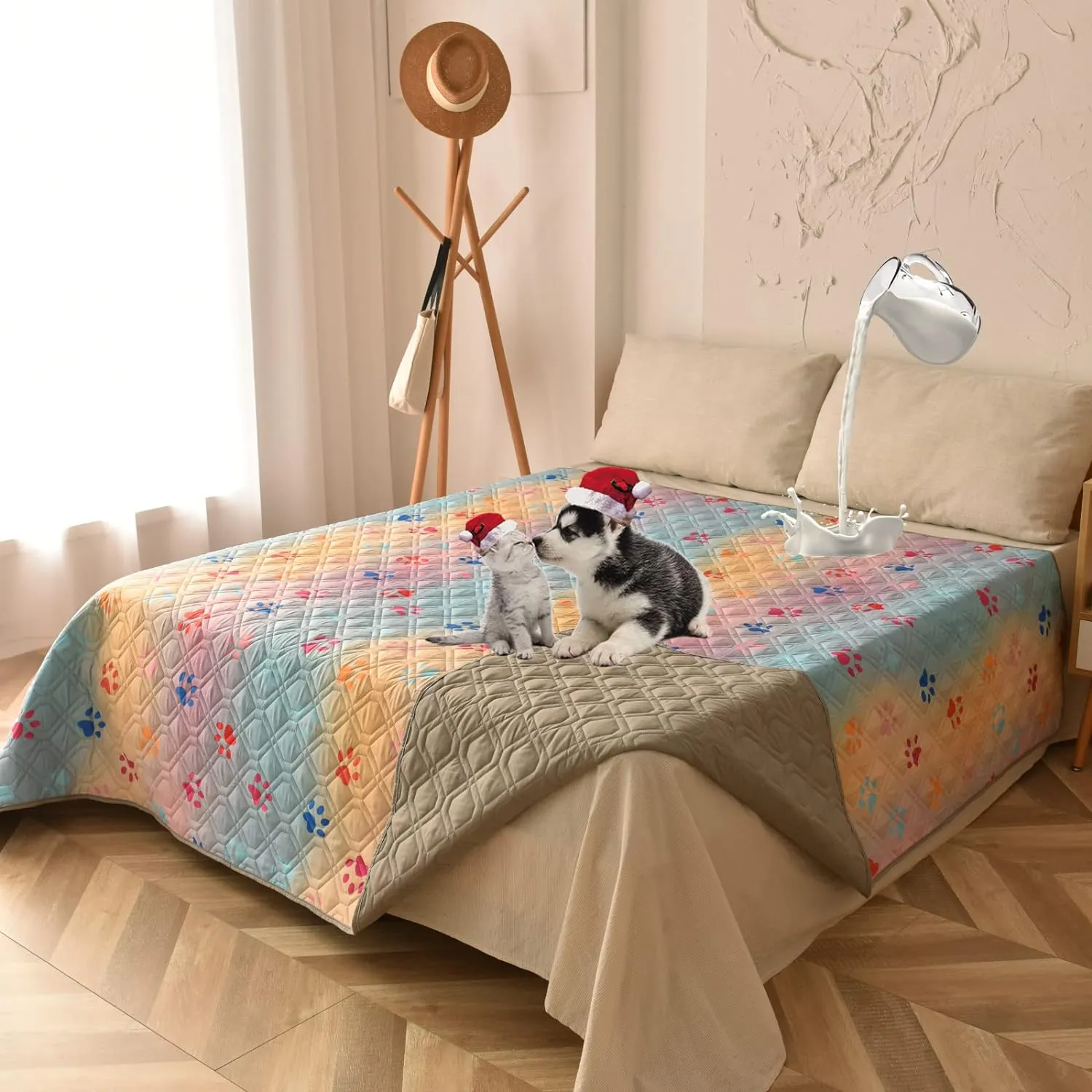 Waterproof Dog Bed Cover 120x82inch Reversible Pad Reusable Camping Mat for Kids/Pet/Dog/Cat Washable Geometric Embroidery Blanket Patchwork Rainbow Dog Paw Printed Gray