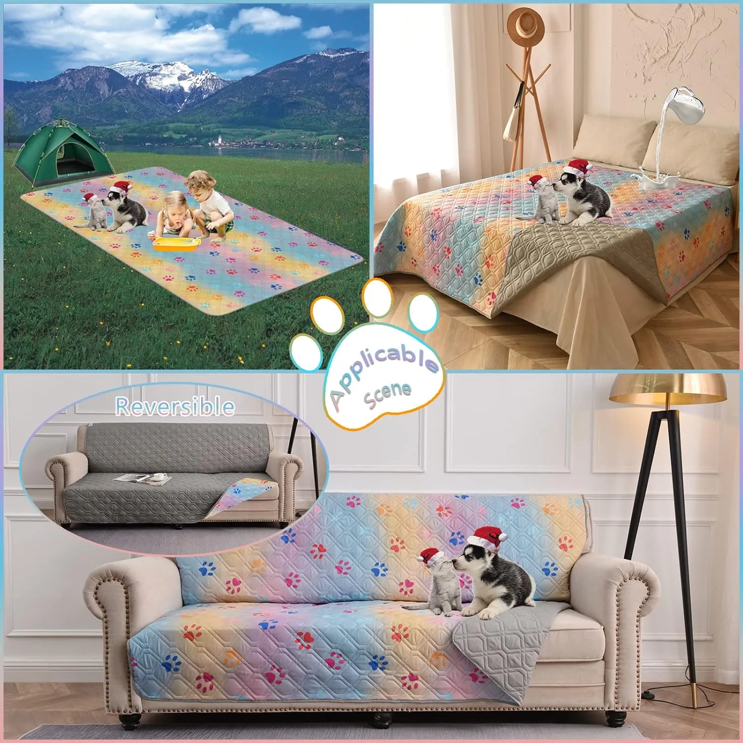 Waterproof Dog Bed Cover 120x82inch Reversible Pad Reusable Camping Mat for Kids/Pet/Dog/Cat Washable Geometric Embroidery Blanket Patchwork Rainbow Dog Paw Printed Gray