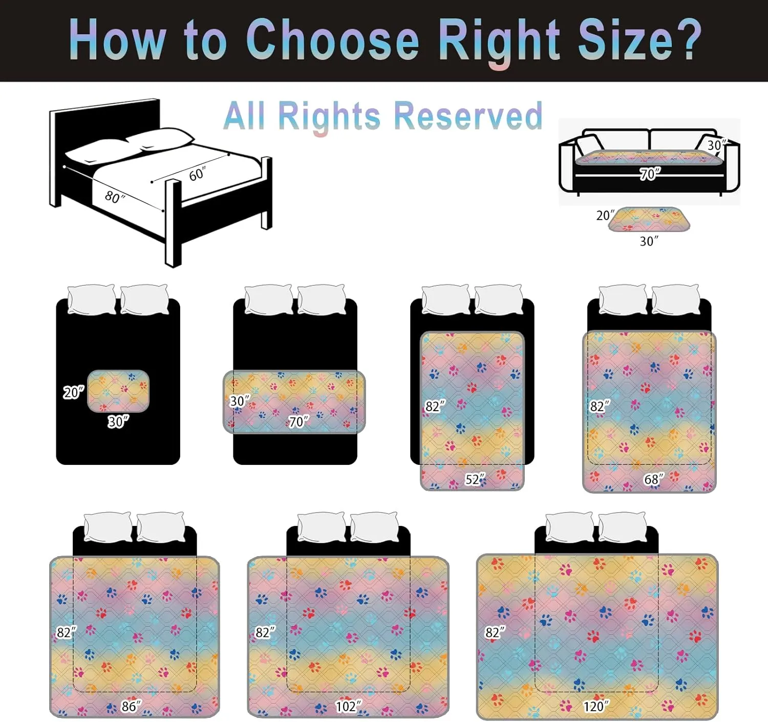 Waterproof Dog Bed Cover 120x82inch Reversible Pad Reusable Camping Mat for Kids/Pet/Dog/Cat Washable Geometric Embroidery Blanket Patchwork Rainbow Dog Paw Printed Gray