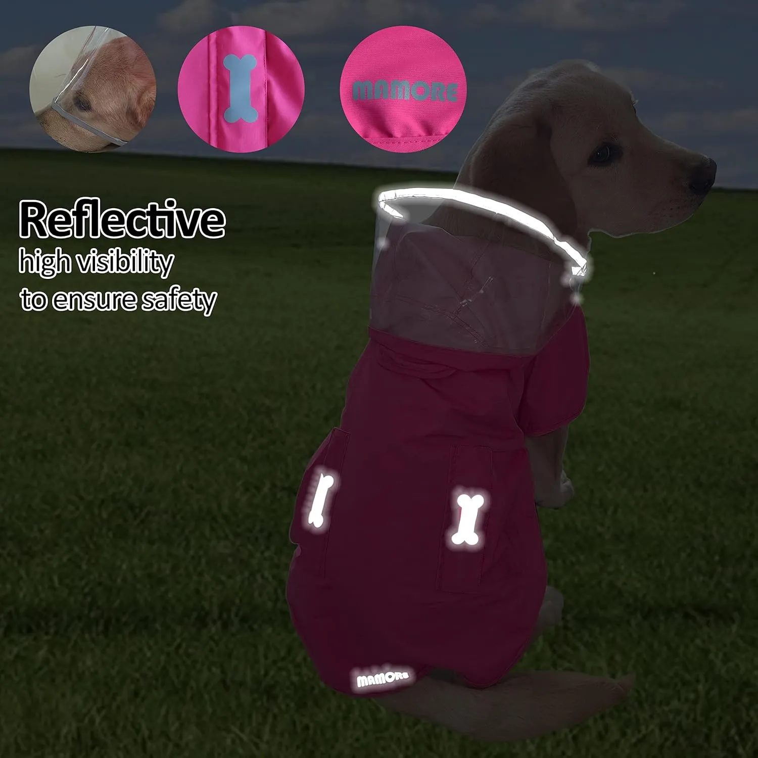 Waterproof Dog Raincoat, Adjustable Reflective Lightweight Pet Rain Clothes with Poncho Hood (XX-Large, Dark Pink)