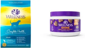 Wellness Food   Supplements Bundle: Complete Health Natural Dry Dog Food, Whitefish & Sweet Potato, 15-Pound Bag Skin & Coat Barkin' Bacon Flavored Soft Chew Supplements for Dogs, 45 Count