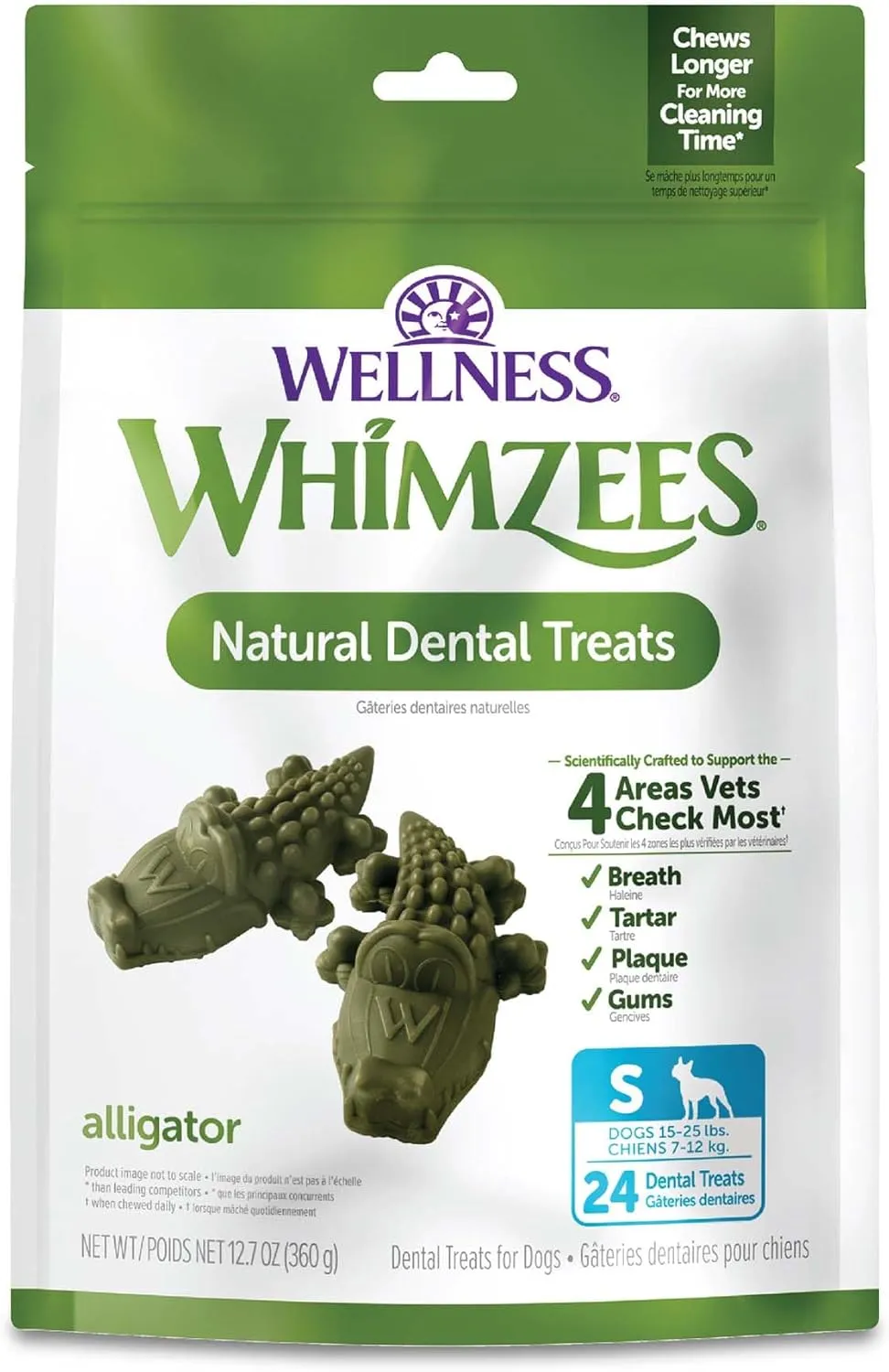 Wellness WHIMZEES Alligator Dog Dental Treats, Natural Chews, Small Size, (24 Count)