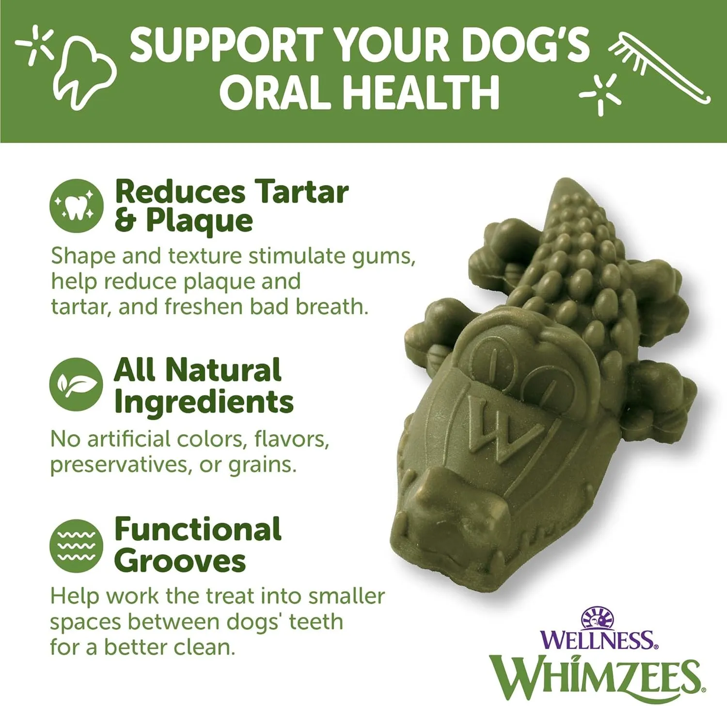 Wellness WHIMZEES Alligator Dog Dental Treats, Natural Chews, Small Size, (24 Count)