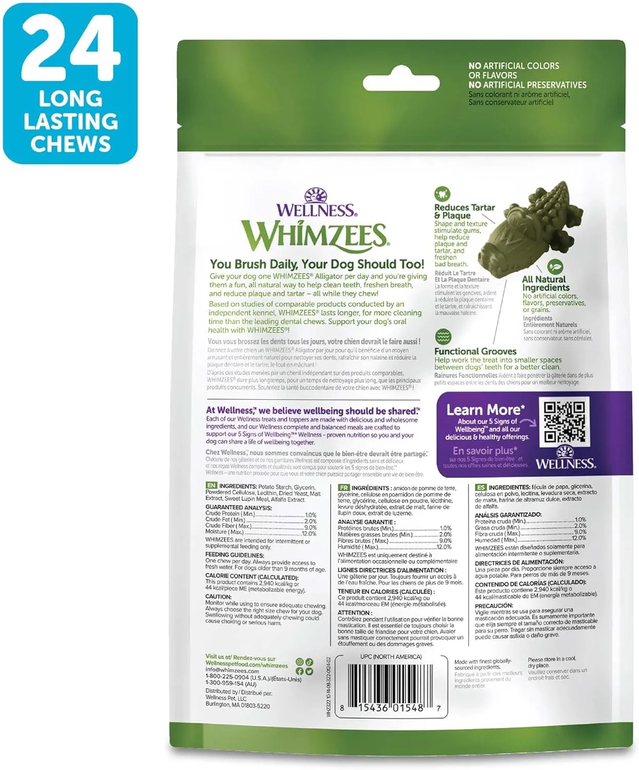 Wellness WHIMZEES Alligator Dog Dental Treats, Natural Chews, Small Size, (24 Count)