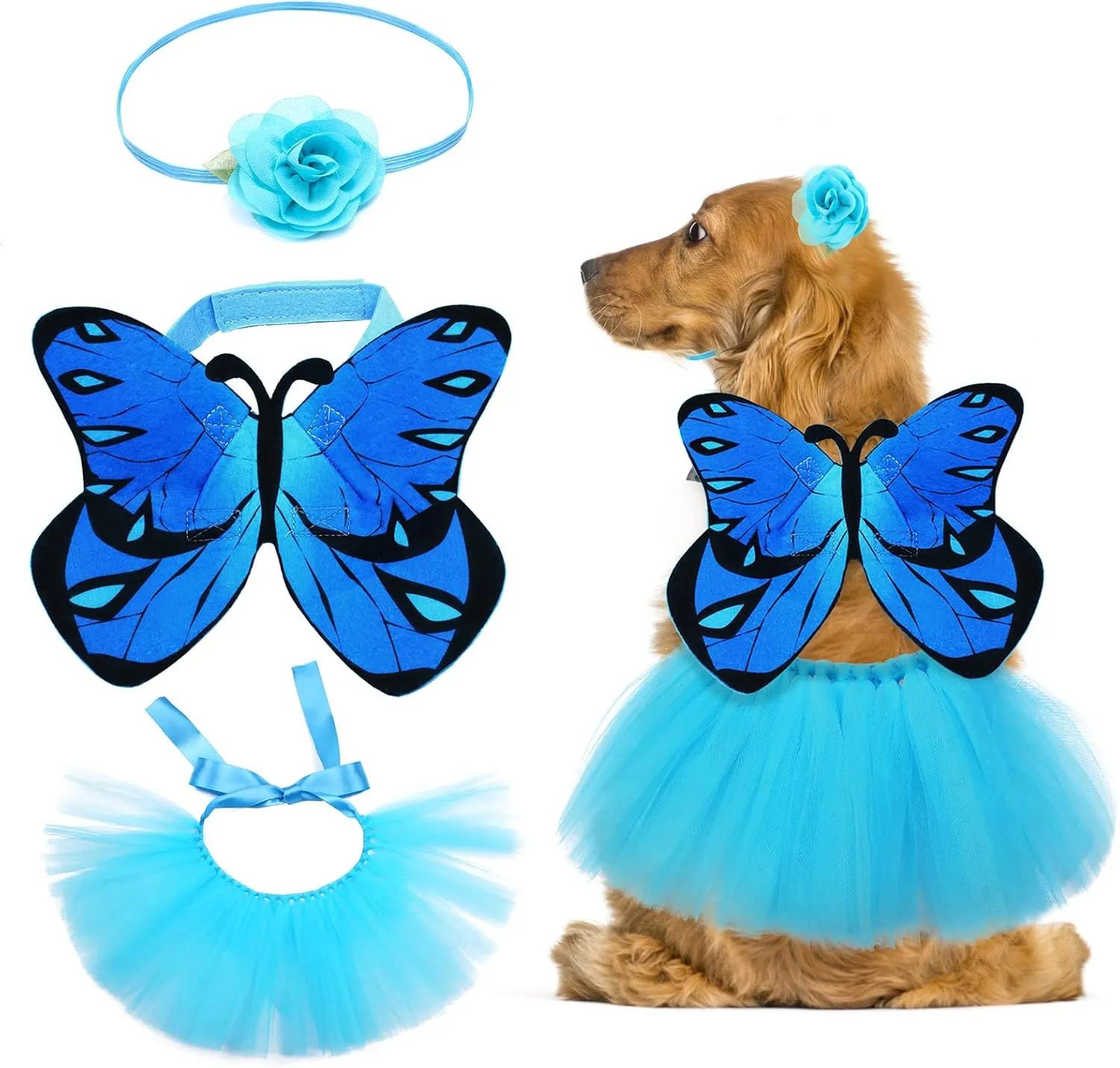 Yewong 3 Pieces Pet Monarch Butterfly Costume Set Cat Puppy Dog Butterfly Wing Cape Flower Headband Tulle Tutu for Halloween Birthday Party Dress Up (Blue)