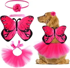 Yewong 3 Pieces Pet Monarch Butterfly Costume Set Cat Puppy Dog Butterfly Wing Cape Flower Headband Tulle Tutu for Halloween Birthday Party Dress Up (Rose Red)